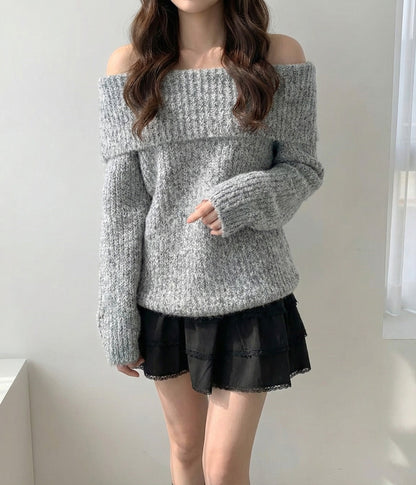 オフショルダーモヘアライクニットトップス