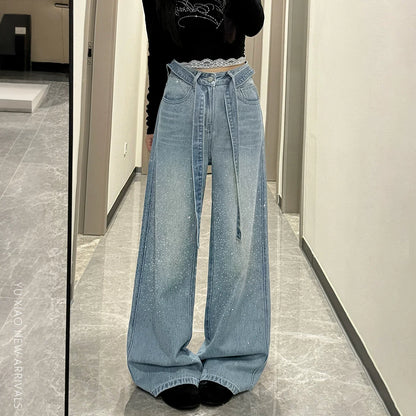 ハイウエストラインストーンワイドデニムパンツ