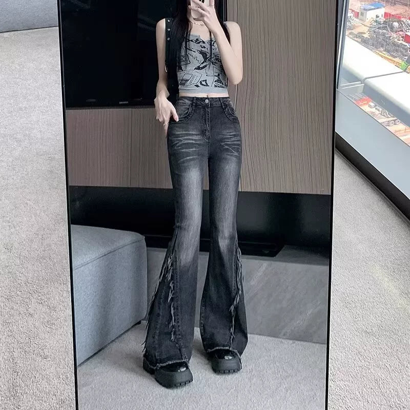 ハイウエストカットオフフレアスリムデニム