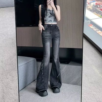ハイウエストカットオフフレアスリムデニム
