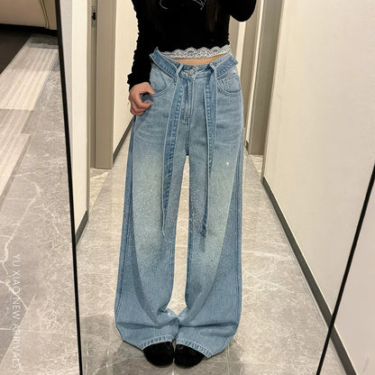 ハイウエストラインストーンワイドデニムパンツ