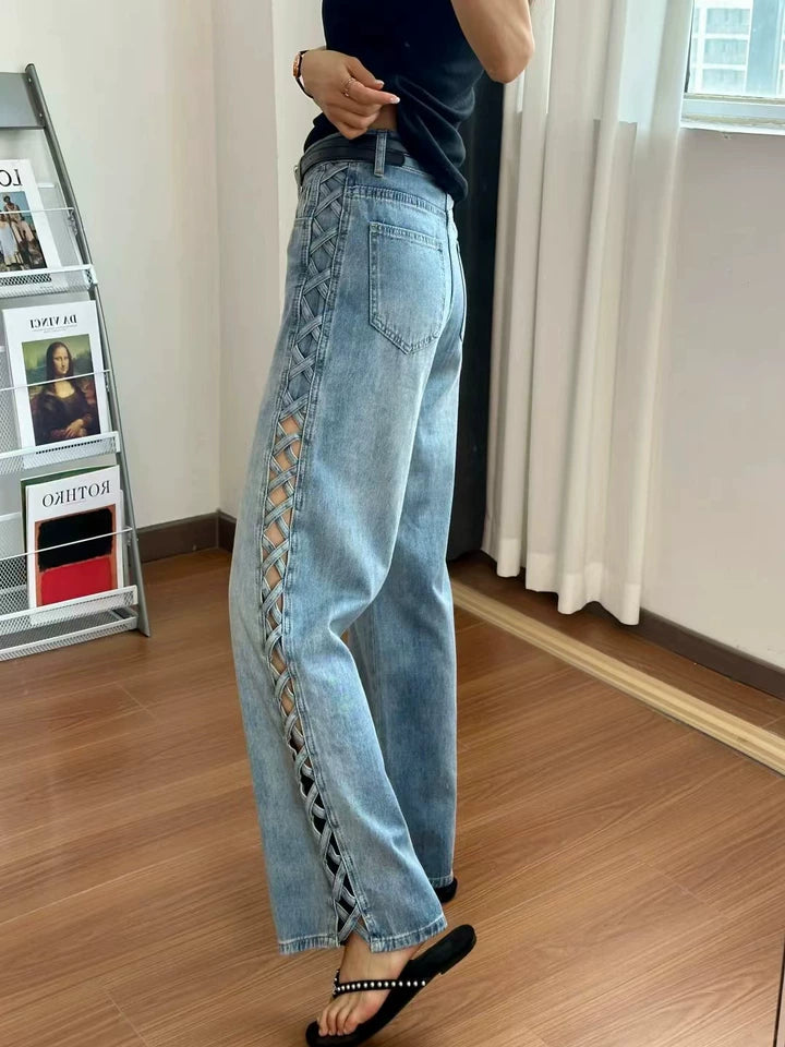 レースアップサイドワイドレッグデニム
