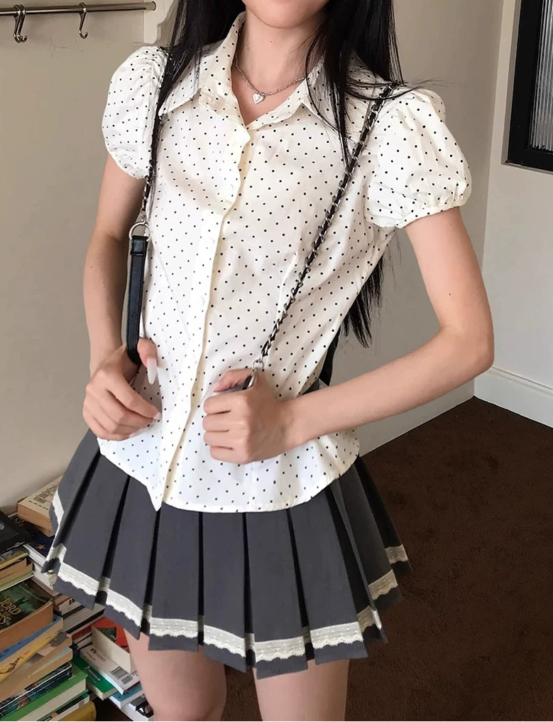 ドット柄パフスリーブショートシャツ