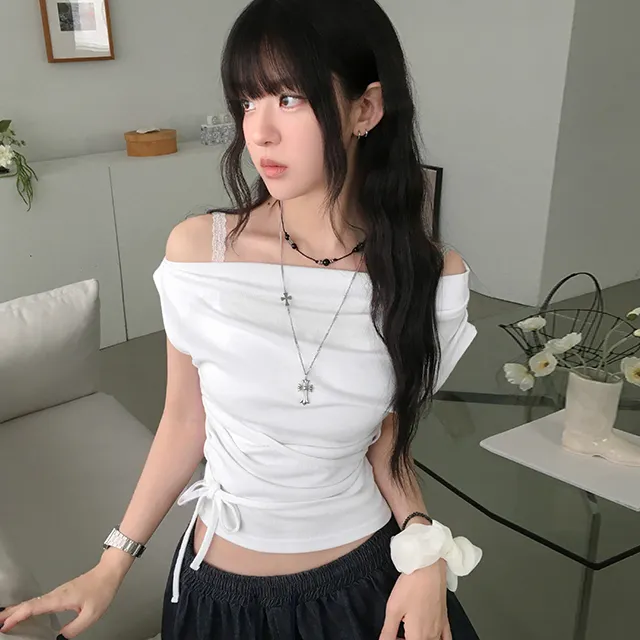 オフショルダーサイドリボンドレープカットソー